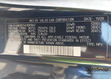 2010 Volvo Xc70 3.2 from USA, damaged, VIN YV4982BZ4A1081942